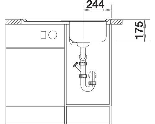 Technische tekening van een spoelbak met onderkast en maatvoering