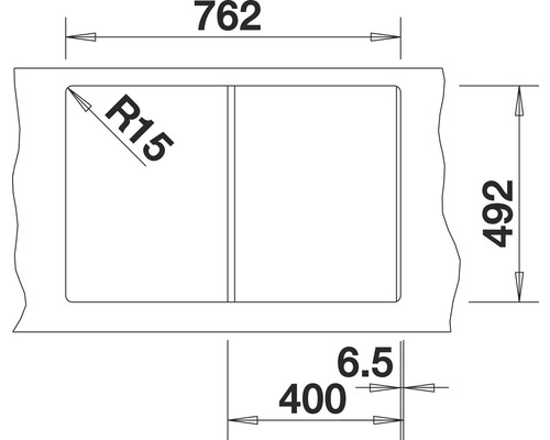 Technische tekening van een spoelbak met afmetingen