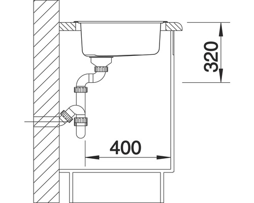 Schets van een gootsteen met afmetingen van 320 en 400 mm.