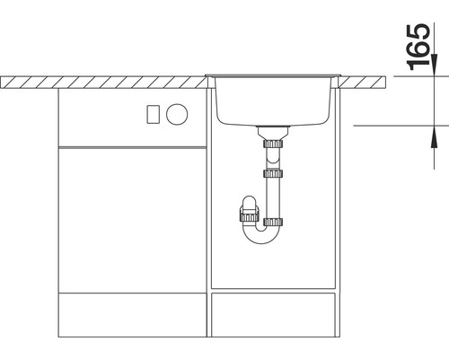 Schematische tekening van een spoelbak met sifon en afmeting 165 mm
