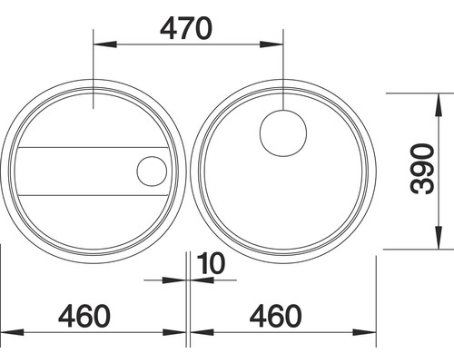 Technische tekening van een ronde wastafel met afmetingen