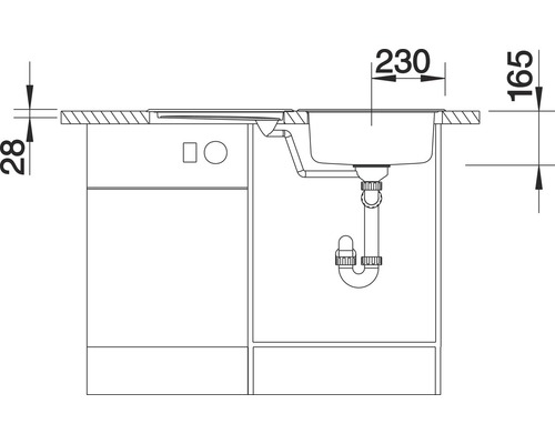 Technische tekening van een spoelbakonderkast met afmetingen