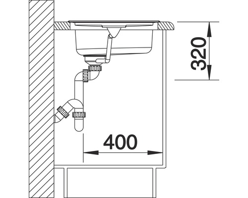 Technische tekening van een spoelbak met afmetingen 320 en 400.