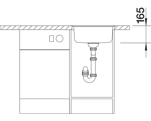 Schets van een spoelbak met sifon en onderkast, zijaanzicht