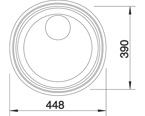 Tekening van een ronde wastafel met afmetingen van 448 bij 390 millimeter.