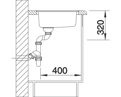 Schema van een gootsteen met afvoerpijpen en maataanduidingen