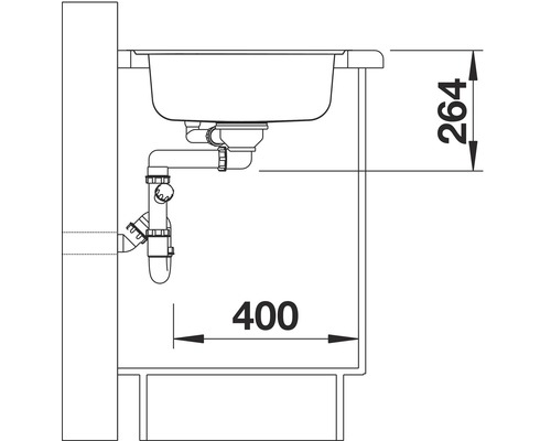 Schets van een spoelbak met afmetingen voor installatie