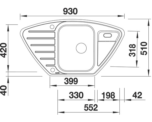 Technische tekening van een spoelbak met afmetingen