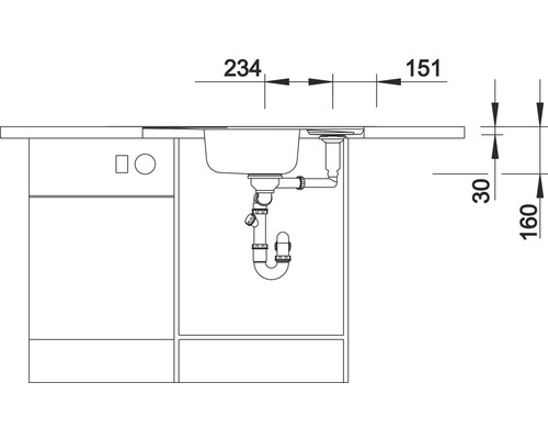 Technische tekening van een spoelbak met onderkast en maataanduidingen