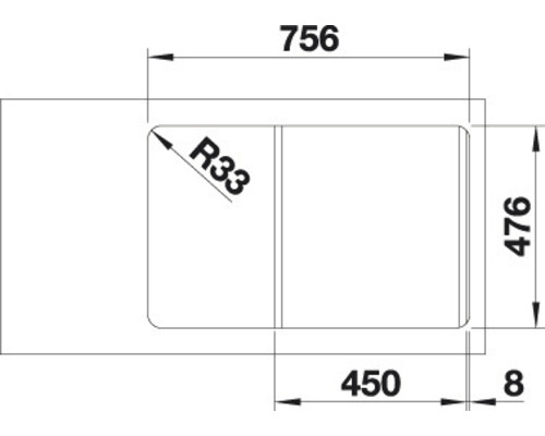 Technische tekening van een spoelbak met afmetingen