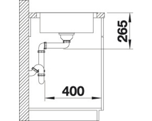 Technische tekening van een wasbak met afvoer en maatvoering