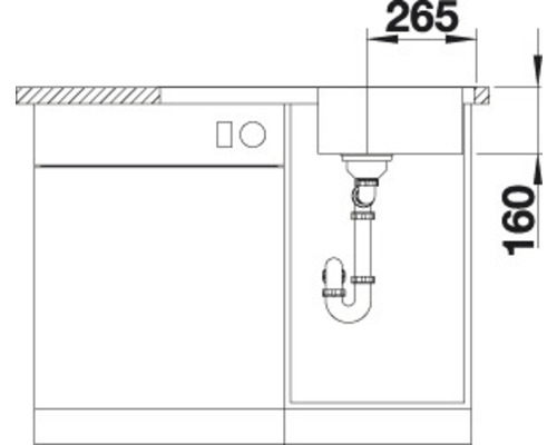 Tekening van een spoelbakonderkast met afmetingen