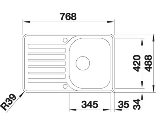 Tekening van een spoelbak met afmetingen.