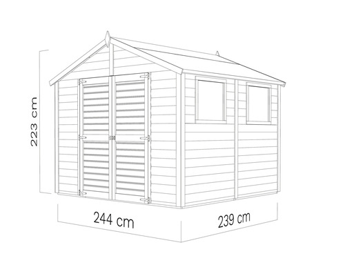 Afbeelding van een tuinhuis met de afmetingen 223 cm hoog, 244 cm breed en 239 cm diep.