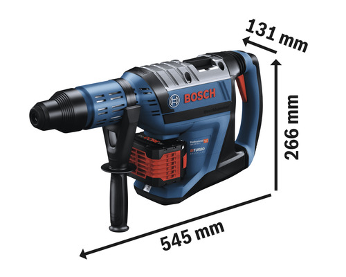 Bosch boorhamer met afmetingen 545 mm lang, 131 mm breed en 266 mm hoog.