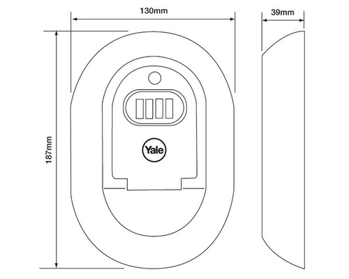 Technische tekening van een Yale sleutelkluis met de afmetingen 187 mm hoogte, 130 mm breedte en 39 mm diepte
