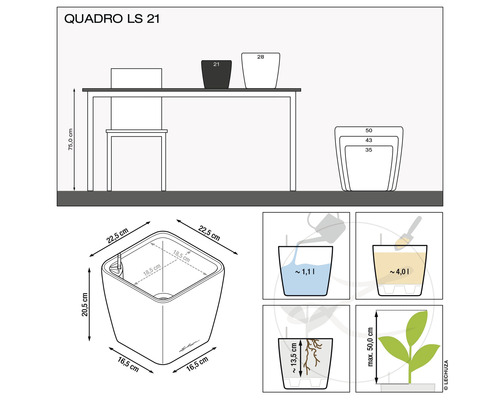Afmetingen en vulhoeveelheden van de Lechuza Quadro LS 21 plantenbak.