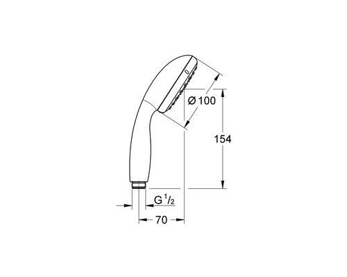 Technische tekening van een handdouche met maatvoering.