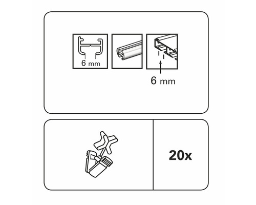 Railprofiel met 6 millimeter breedte en 20 bevestigingsclips