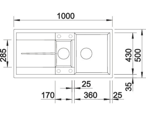 Tekening van een gootsteen met afmetingen