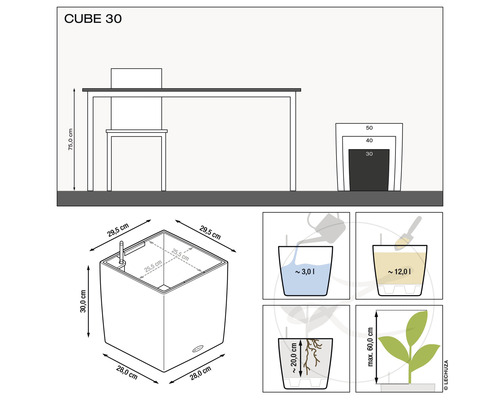 Technische tekening Lechuza Cube 30 plantenbak met maatvoering