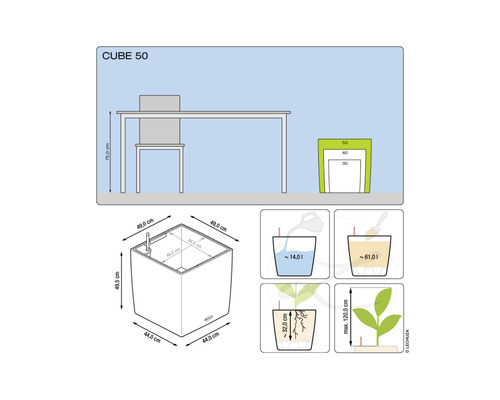Productdiagram Lechuza Cube 50 plantenbak met maatvoering en vulhoeveelheid instructies