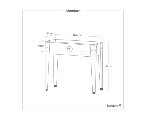 Standaard plantenbak met afmetingen 100 x 40 x 84 cm en een inhoud van 72 liter.