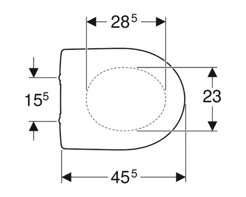 Technische tekening van een toiletbril met afmetingen