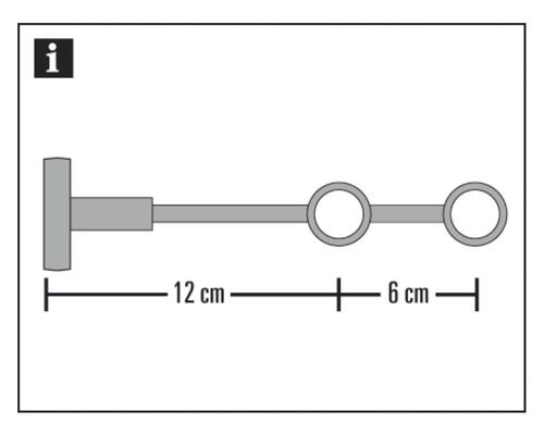 Schets van een gordijnroede met afmetingen: 12 cm en 6 cm