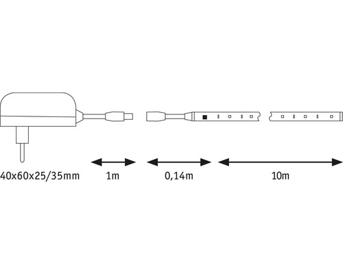 Afbeelding van een ledstrip met de afmetingen 40x60x25/35 mm, 1 m, 0,14 m en 10 m.