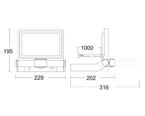Maattekening van een displayapparaat met de afmetingen 195, 229, 1000, 202 en 316 millimeter.