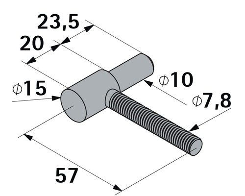 Technische tekening van een bout met schroefdraad en de afmetingen 57, 23.5, 20, diameter 7.8, diameter 10 en diameter 15