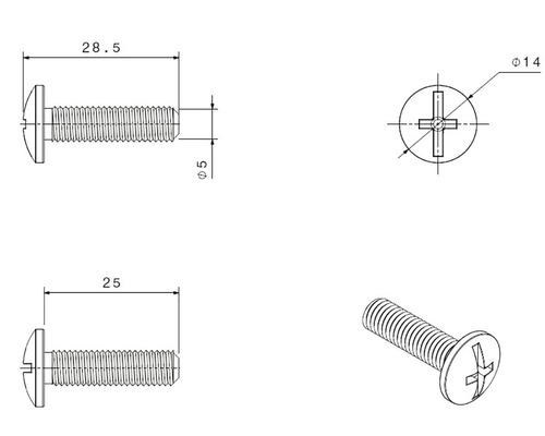 Technische tekening van een bolkopschroef met sleuf en afmetingen