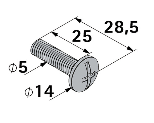 Technische tekening van een schroef met afmetingen van 5 mm diameter, 25 mm lengte en 14 mm kopdiameter