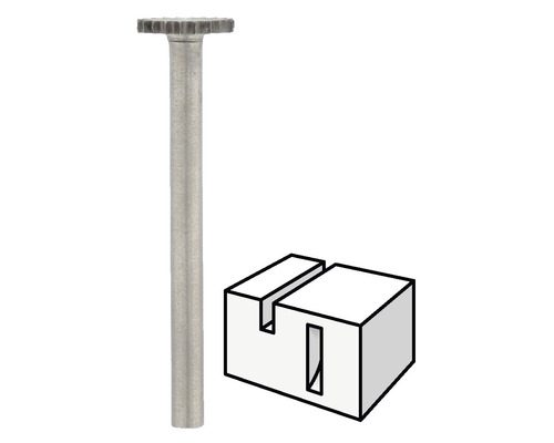 Vingerfrees met geleider en schematische weergave van een houten kubus met sleuf