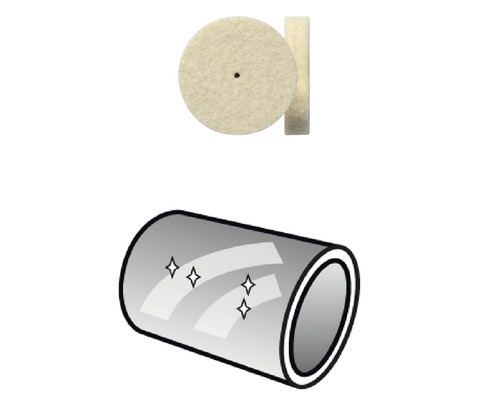 Vilten polijstschijf en illustratie van een gepolijste buis