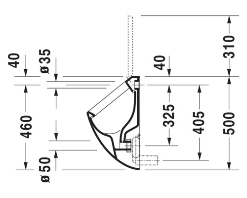 Technische tekening van een urinoir met afmetingen