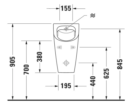 Technische tekening van een urinoir met afmetingen