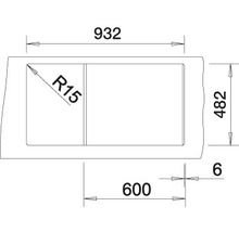 Technische tekening van een spoelbak met maatvoering
