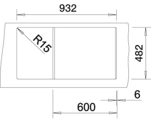Technische tekening van een spoelbak met maatvoering