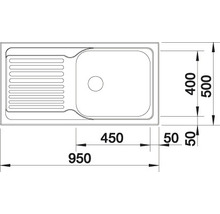 Tekening van een spoelbak met afmetingen 950 x 500 millimeter