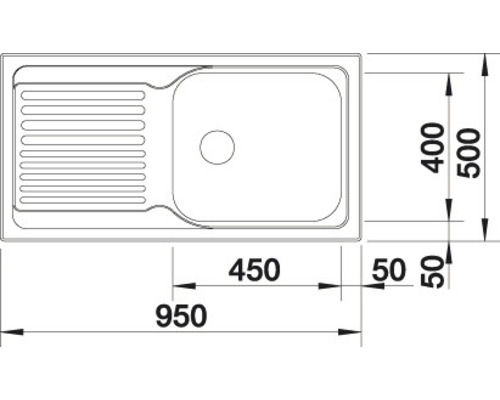 Tekening van een spoelbak met afmetingen 950 x 500 millimeter