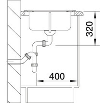 Technische tekening van een gootsteen met de afmetingen 320 en 400.