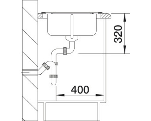 Technische tekening van een gootsteen met de afmetingen 320 en 400.