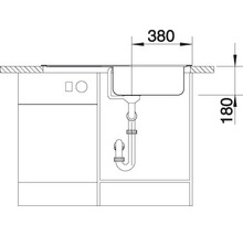Tekening van een spoelbak met afmetingen van 380 en 180 millimeter
