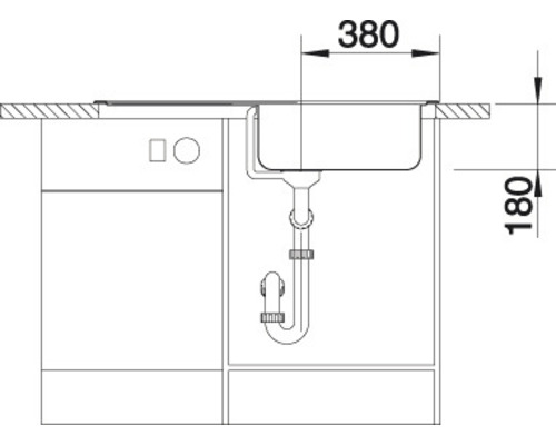Tekening van een spoelbak met afmetingen van 380 en 180 millimeter
