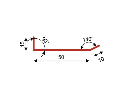 Schema van een metalen profiel met de afmetingen 15, 50 en 10 millimeter en hoeken van 90 graden en 140 graden.