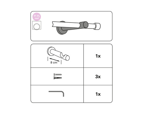 Componenten van een gordijnroedehouder met een diameter van 25 millimeter, inclusief schroeven en gereedschap