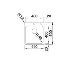 Schets van een spoelbak met afmetingen