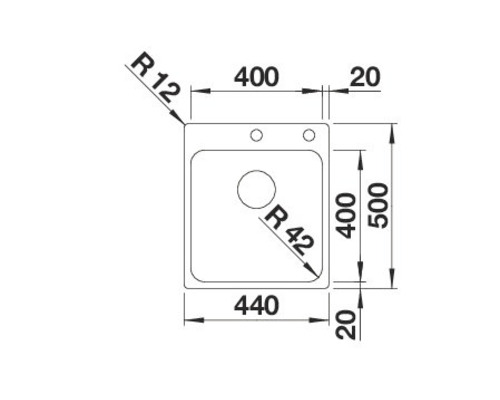 Schets van een spoelbak met afmetingen